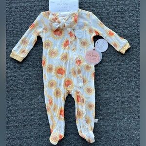 Milkberry Bamboo Sunflower Pumpkin Ruffle Footie Sleeper and Headband - NWT